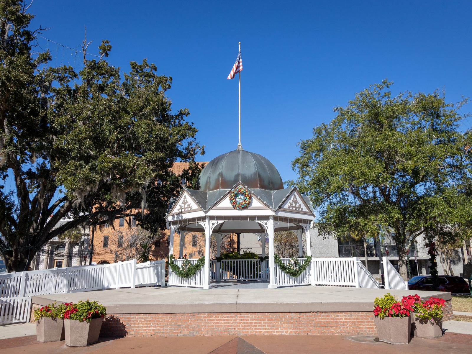 The gazebo on Ocala's downtown square, framed by live oaks draped in Spanish moss