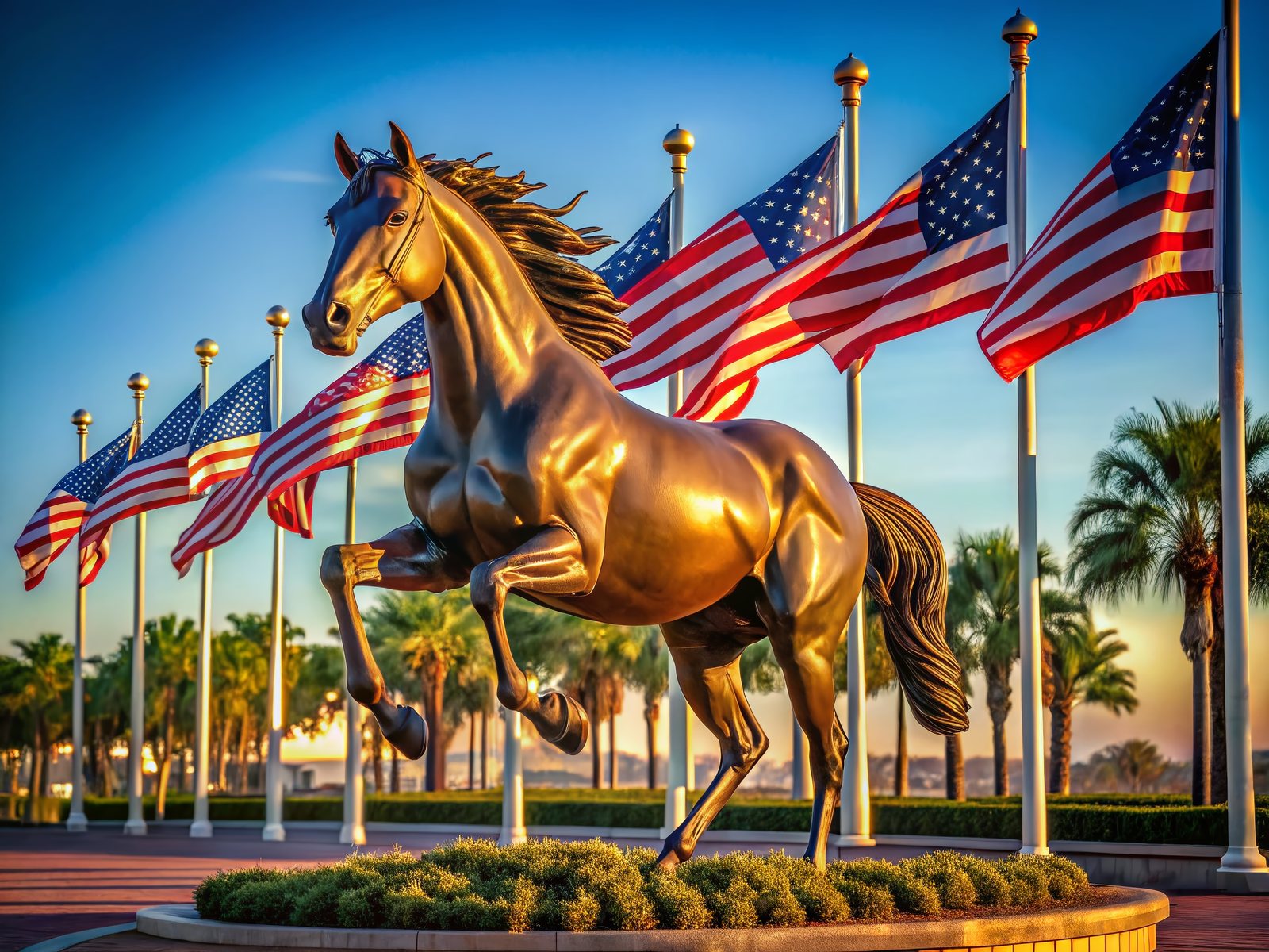 The World Equestrian Center's bronze rearing horse and flag line at sunset, Ocala, Florida