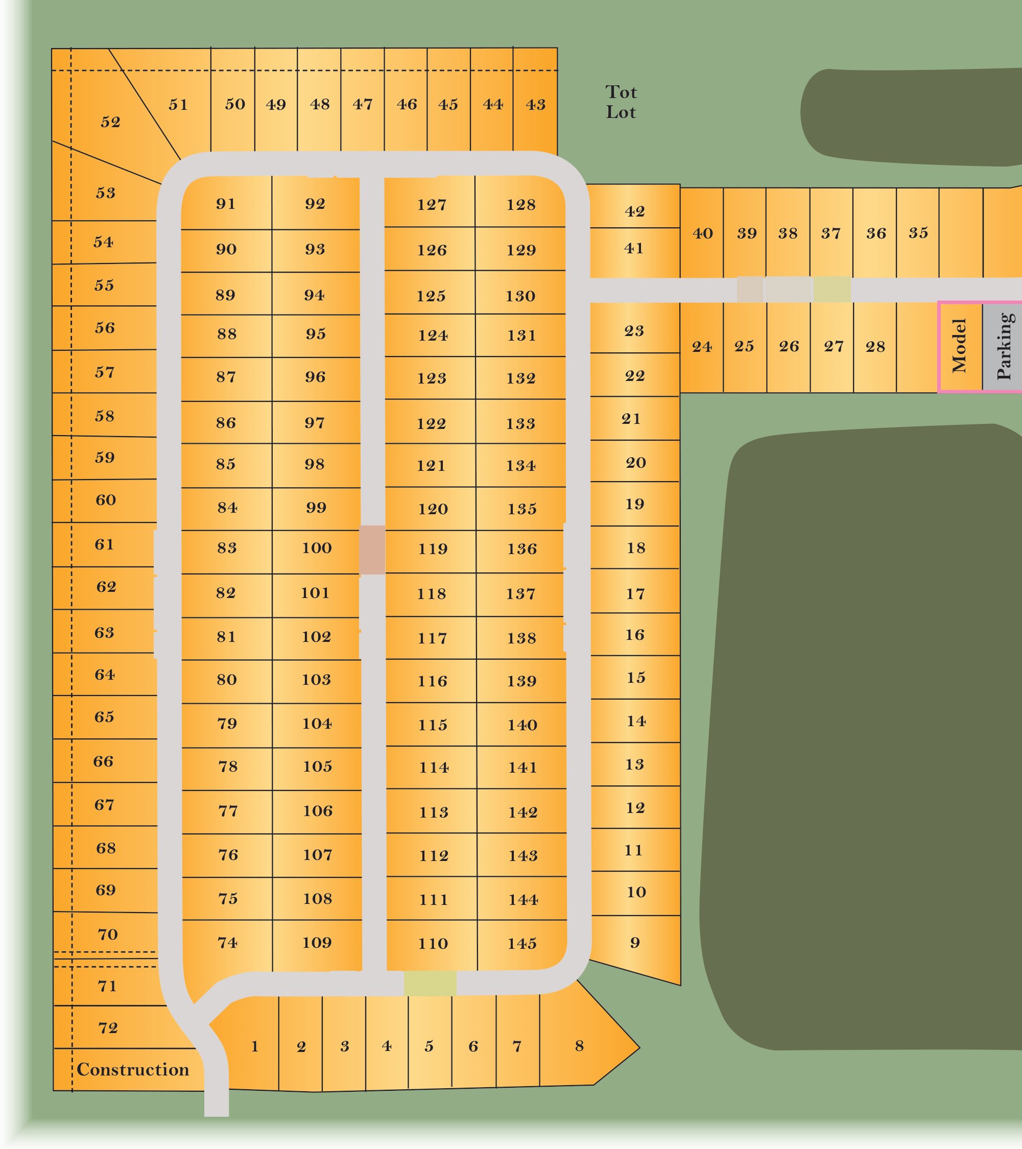 Site plan of Autumn Glen with each available homesite outlined