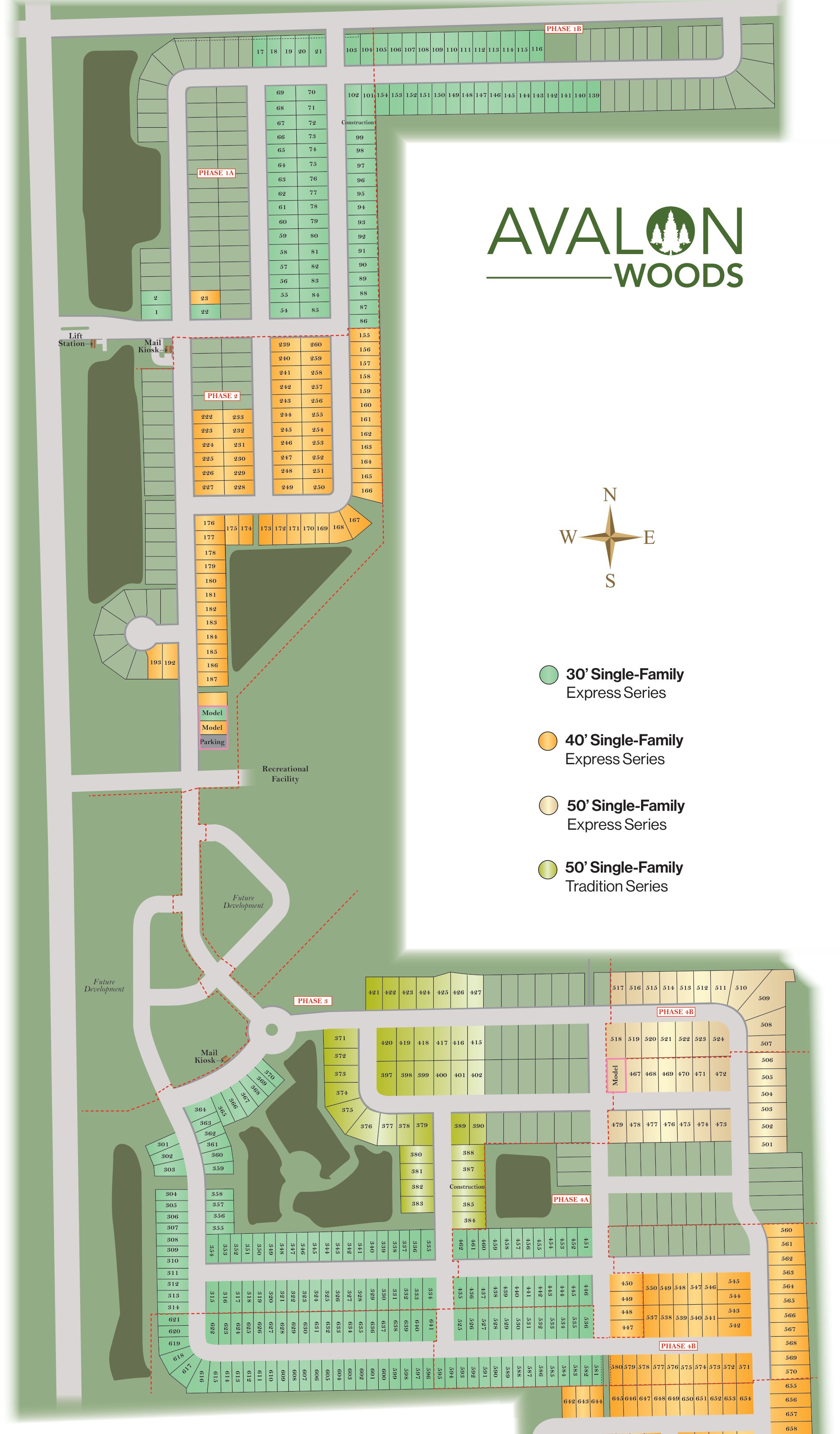 Site plan of Avalon Woods (Overall) with each available homesite outlined