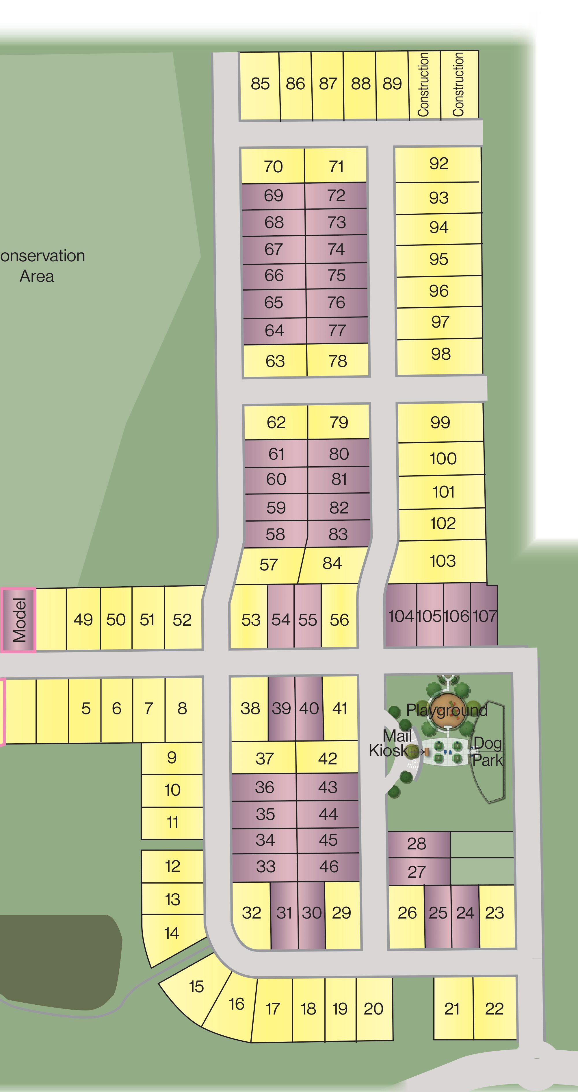 Site plan of Buchanan Trails with each available homesite outlined
