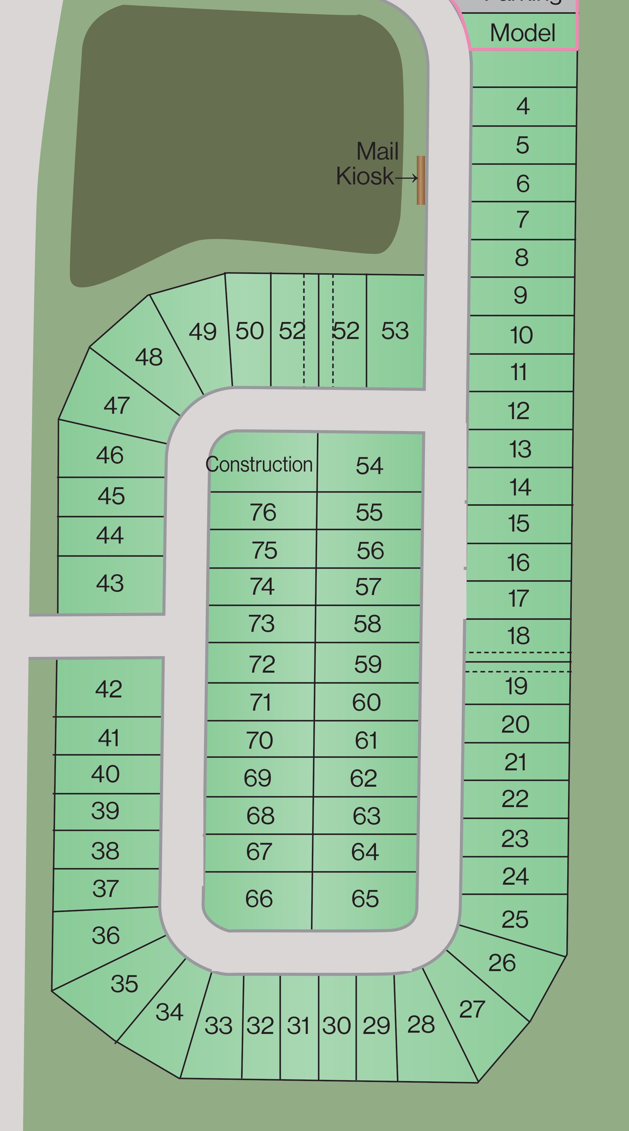 Site plan of Derby Creek with each available homesite outlined