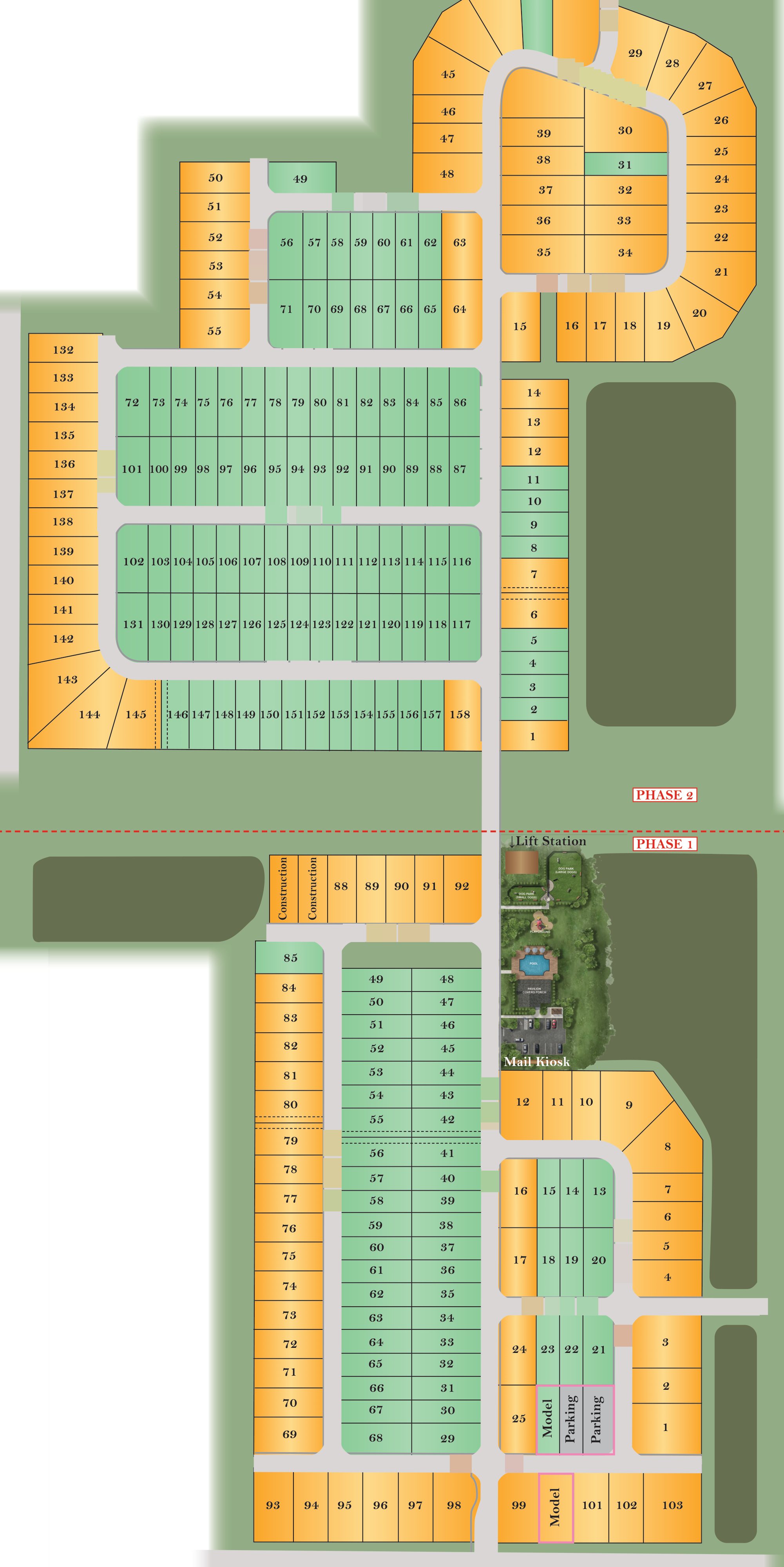 Site plan of Emerson Pointe with each available homesite outlined