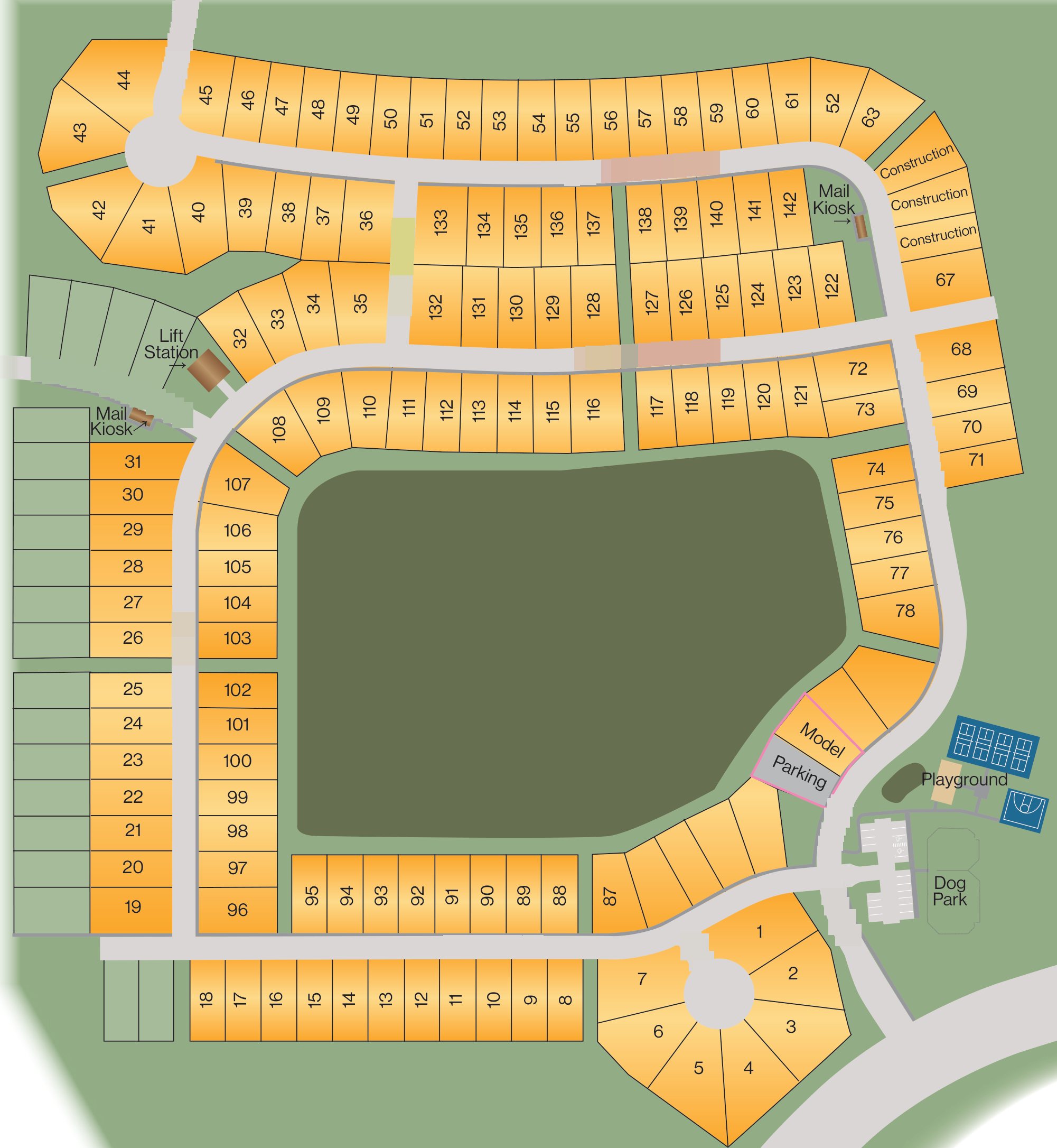 Site plan of McGinley Landing with each available homesite outlined