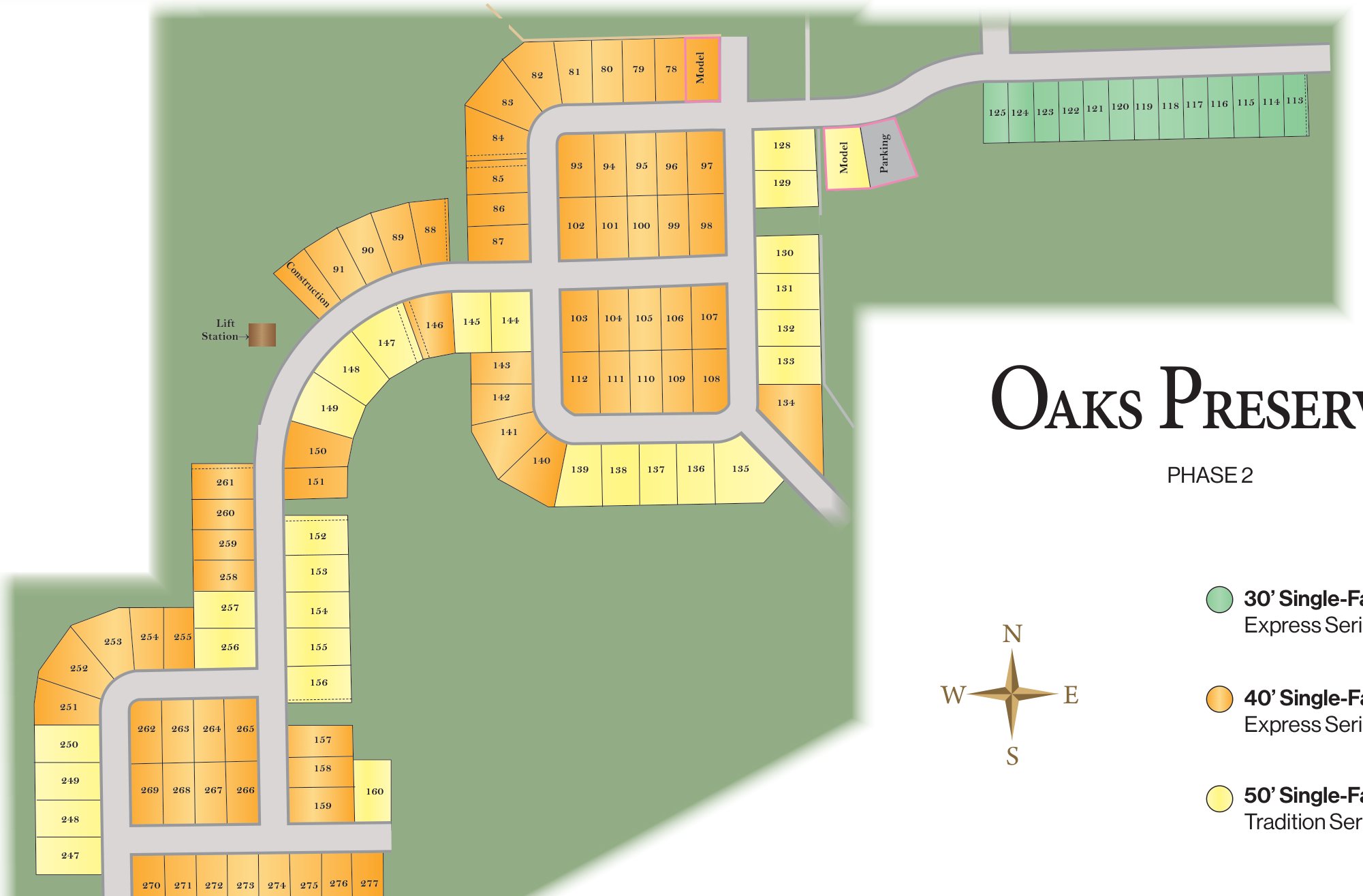 Site plan of Oaks Preserve with each available homesite outlined