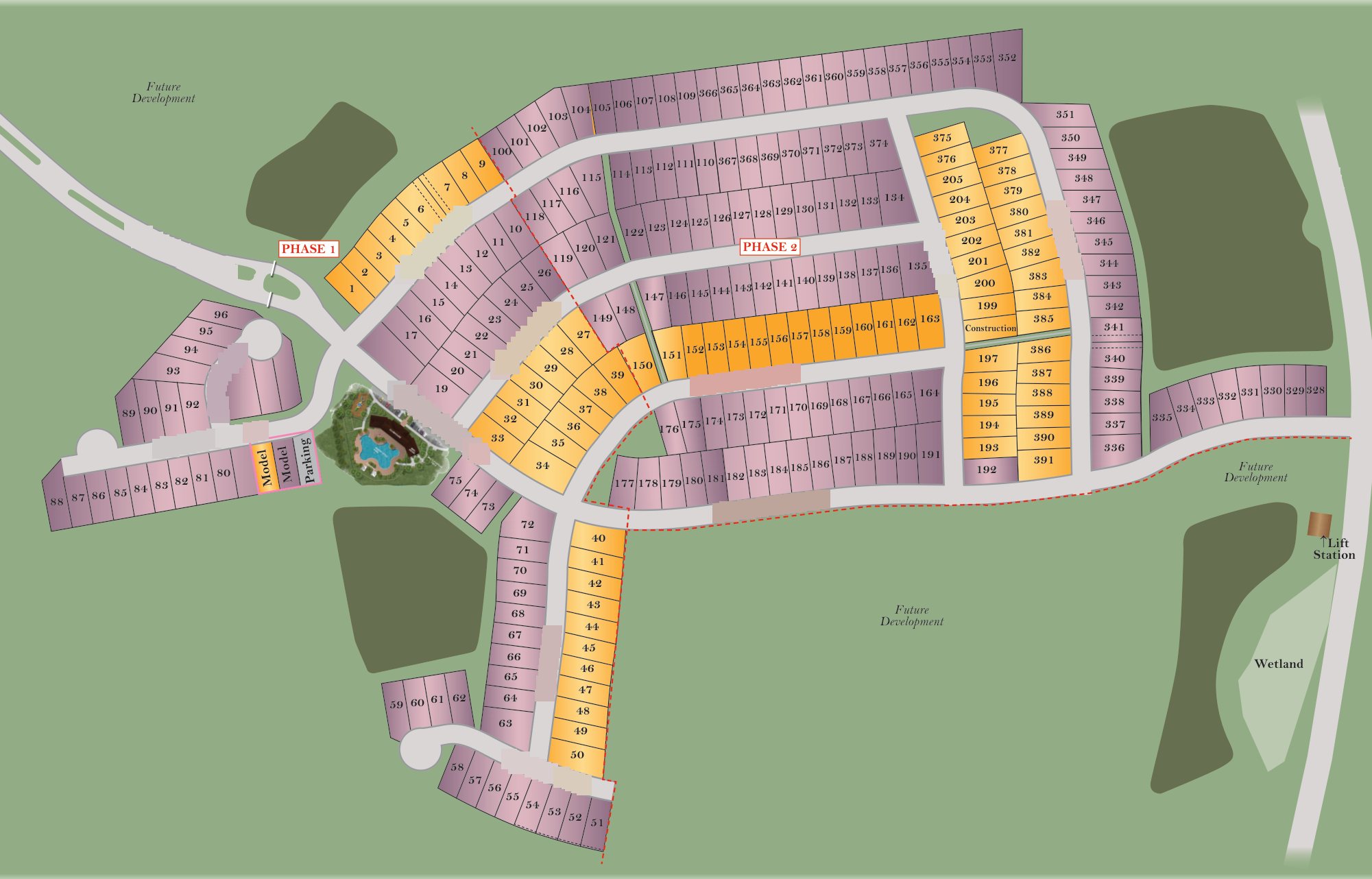 Site plan of Ridge at Heath Brook with each available homesite outlined