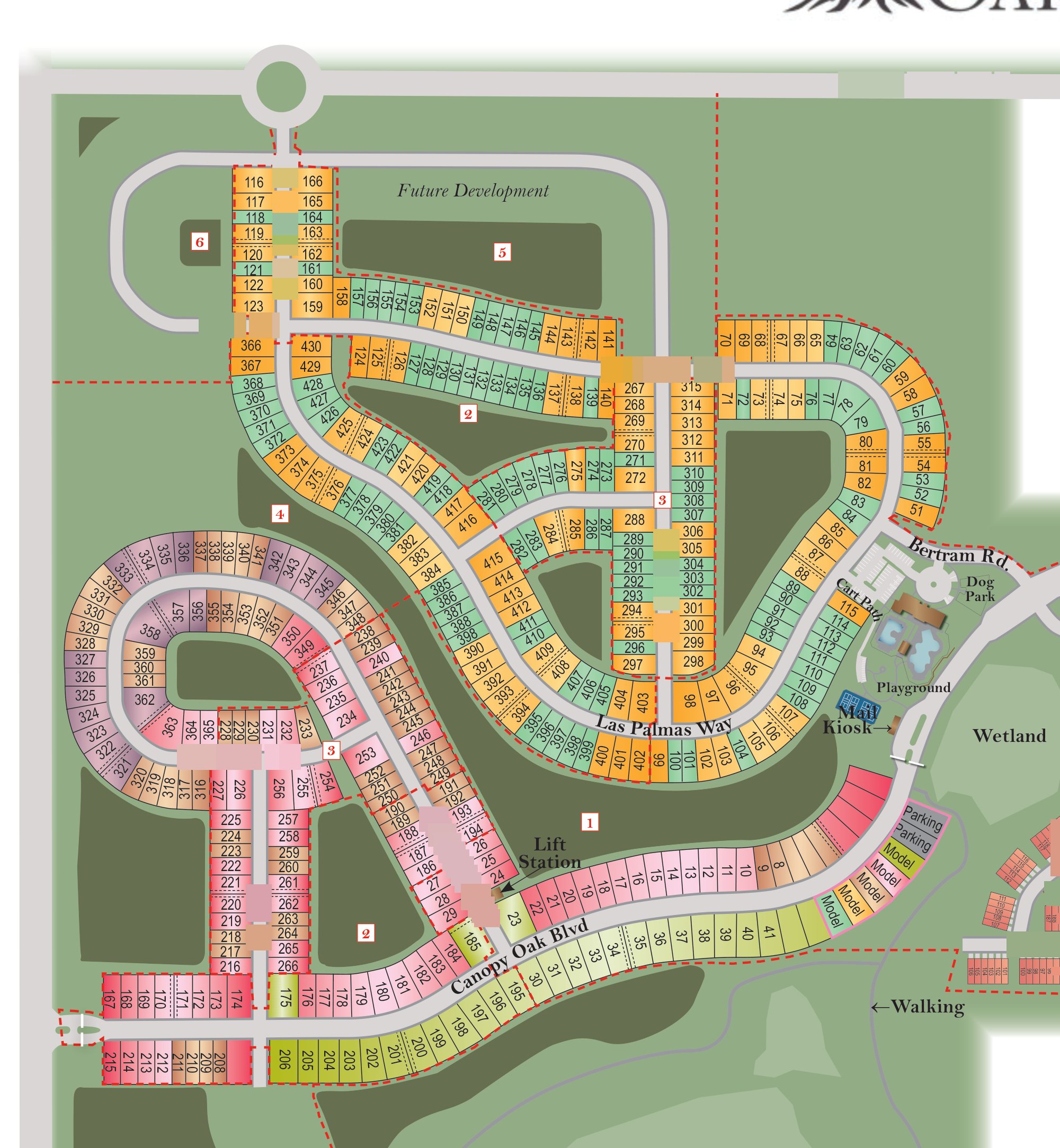 Site plan of Twisted Oaks (Overall) with each available homesite outlined