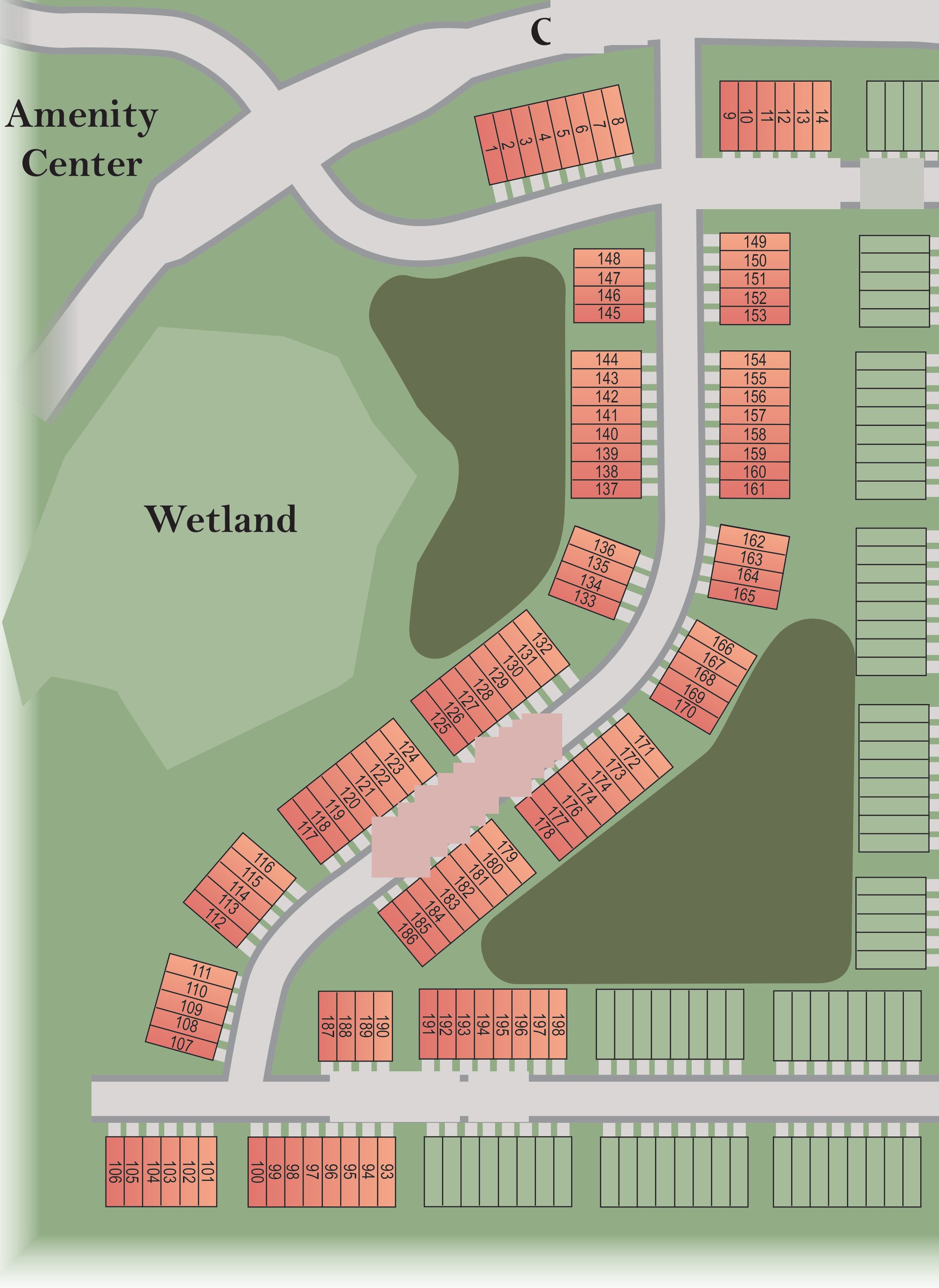 Site plan of Twisted Oaks (Townhomes) with each available homesite outlined